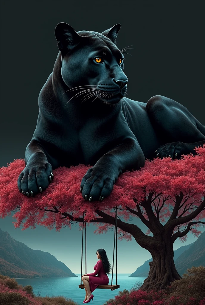 A black panther lying down at the top of the photo with a black background and at the bottom with a woman in the background sitting on a swing on the coast around a tree and a lake with reddish spring traces