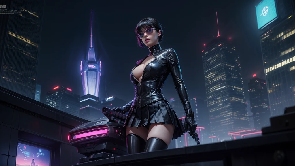 (Wide angle view). "ghost in the shell" film inspired futuristic Tokyo city, simple outlined neon tall buildings, (OLED holographic portrait on buildings), glowing giant clock tower, 1drone, lightning, 3D rendering Beeple. At night, (1girl, solo, alone), photorealistic, medium-breast slim:0.6 body, oval:0.5 face, cleavage:1.1, sexy costume with deep-v, low view pleated miniskirt, ((upskirt)), glove, (Matrix style black micro sunglasses), ((aiming viewer with a short gun)), (running pose), (half-body thigh level close-up shot), cinematic lighting, ray tracing.