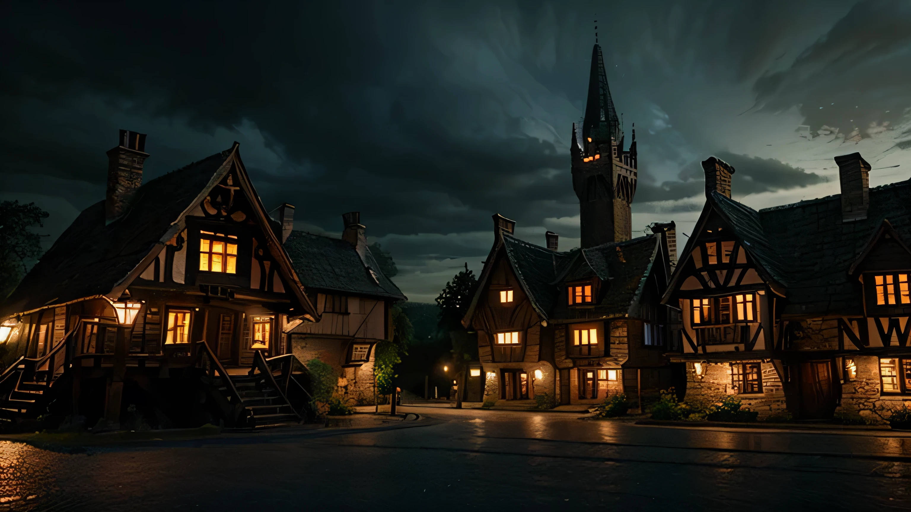 Medieval fantasy village gothic architecture, cloudy weather at night, with fire lamps in the houses