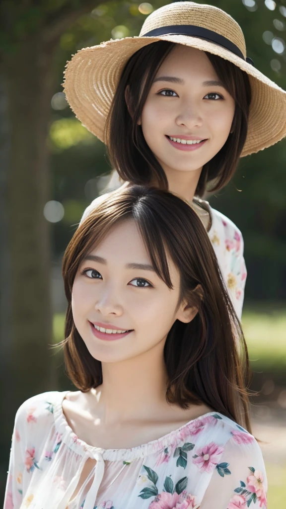 (Surreal), (High resolution), (8k), (Very detailed), (Beautiful and detailed), (Highest quality), (Very detailedな), (masterpiece), (Detailed face), Soft Focus、Yui Arakaki's face、Huge 、Japanese、Park Background、Tie your hair、Laughter、Floral dress、Straw hat、Full body shut、Brown Hair、The best smile、One screen, one person、Only one person