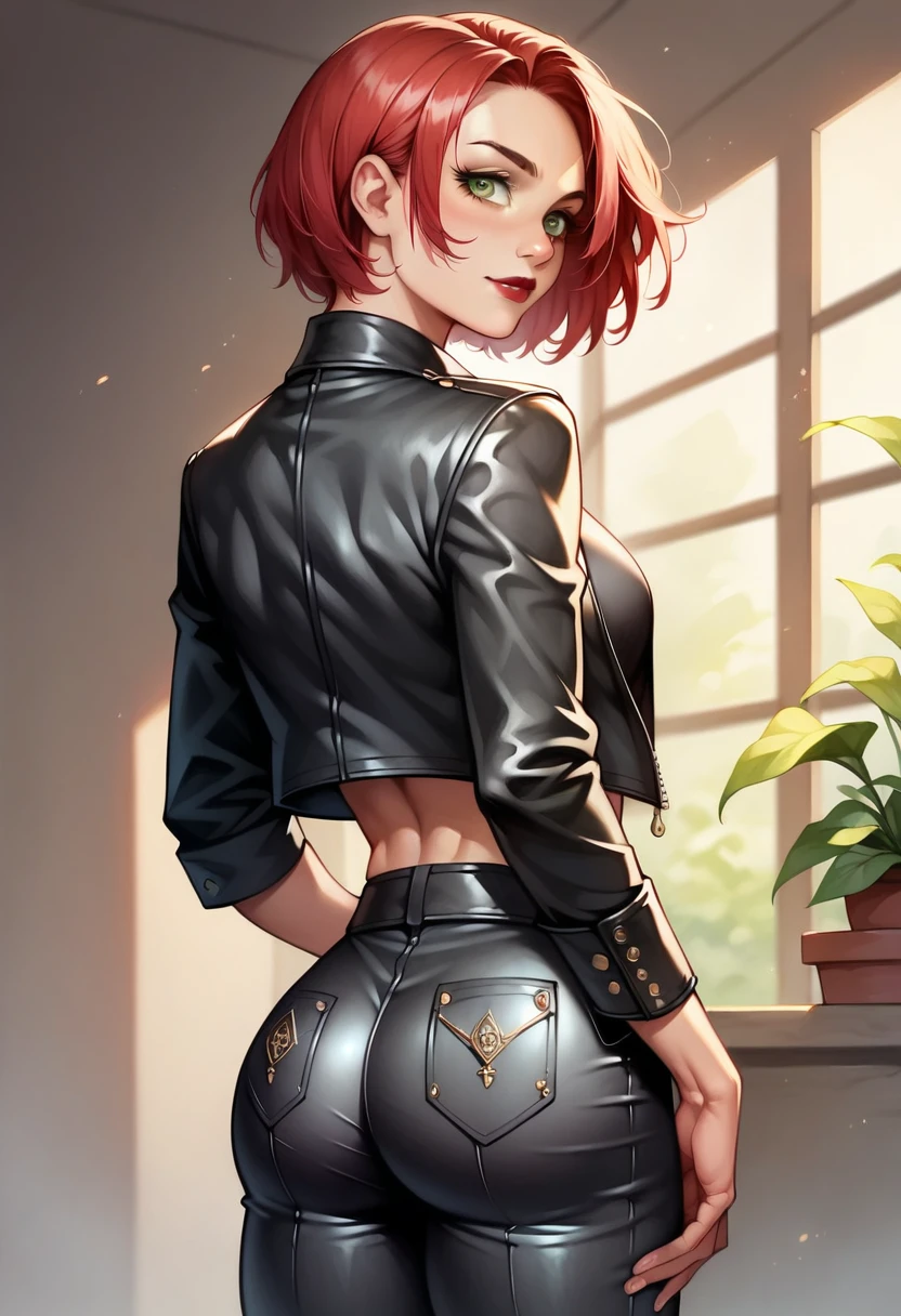 (high-level image quality), (high quality), (high resolution), (detailed), (masterpiece), beautiful woman, ((caucasian)), green eyes, red hair, short hair, dark red lipstick, black top, leather jacket, leather pants, portrait, from behind, confident,