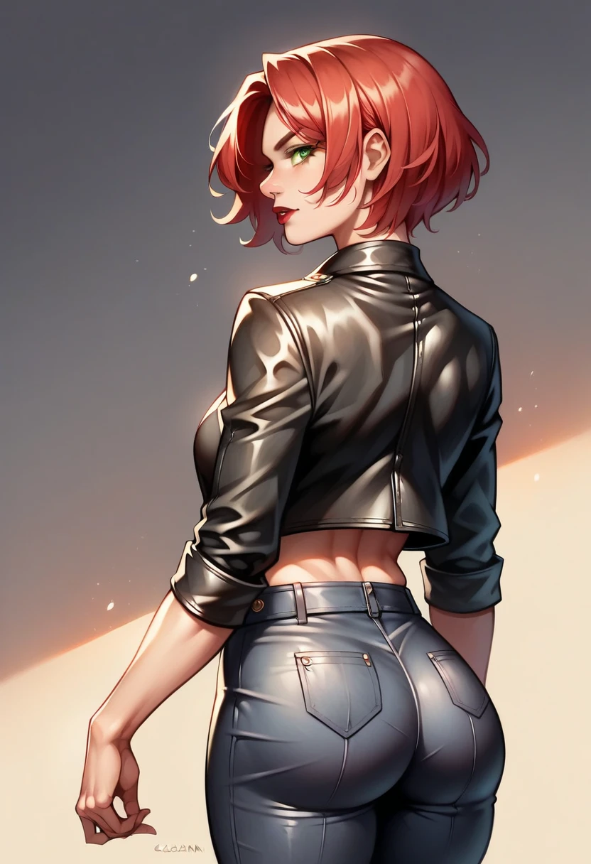 (high-level image quality), (high quality), (high resolution), (detailed), (masterpiece), beautiful woman, ((caucasian)), green eyes, red hair, short hair, dark red lipstick, black top, leather jacket, leather pants, portrait, from behind, confident,
