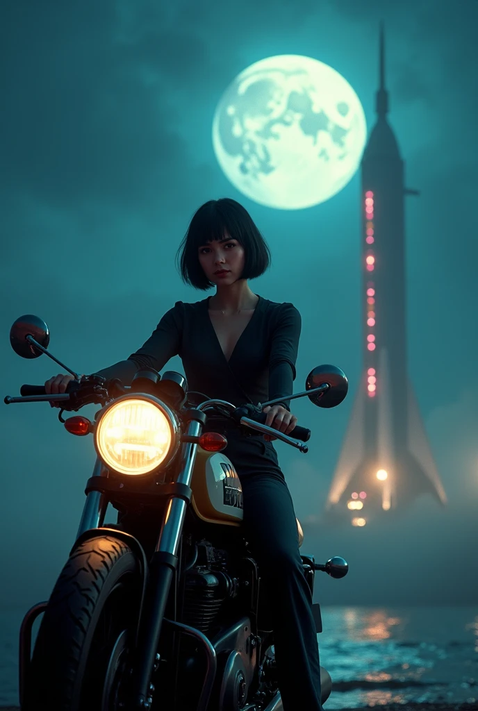 A breathtaking scene set on the night of the Mid-Autumn Festival under a bright full moon. In the foreground, a beautiful young woman from Brooklyn, dressed in a stylish jumpsuit, sits confidently on a classic café racer motorcycle. She has short black bob hair and a cool, composed expression, exuding an urban, sophisticated vibe. The background features a towering space rocket launch pad nearby, with the rocket ready for launch. The scene blends the mystique of the moonlit night with the tension and excitement of a space mission. The vintage motorcycle adds a retro touch, while the overall setting is infused with a mix of urban charm and futuristic ambition. The atmosphere is slightly misty, with the moonlight casting an ethereal glow over the entire scene.