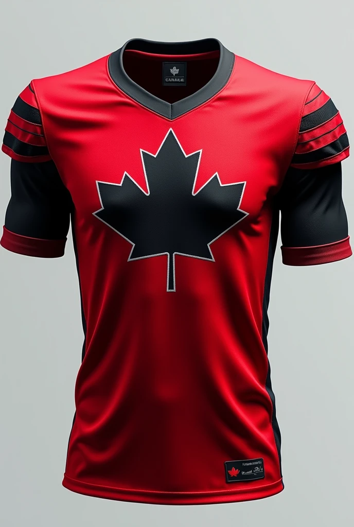Red canda football shirt with black details with canada leaf