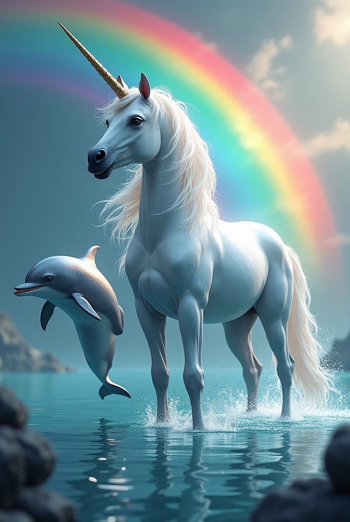 Unicorn with 2 dolphins and a rainbow 