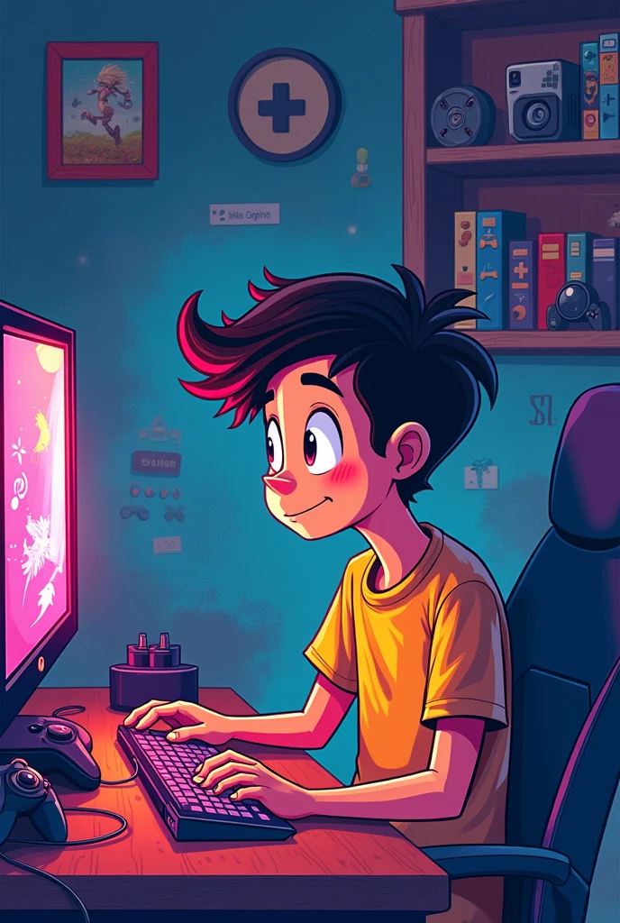 Create a design with a width of 1280 and a height of 720 pixels in the form of a cartoon of a young man using a computer in a gamer room.