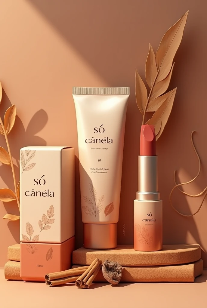 Create a primer packaging, Cinnamon-based blush and lipstick with the brand name Só Canela