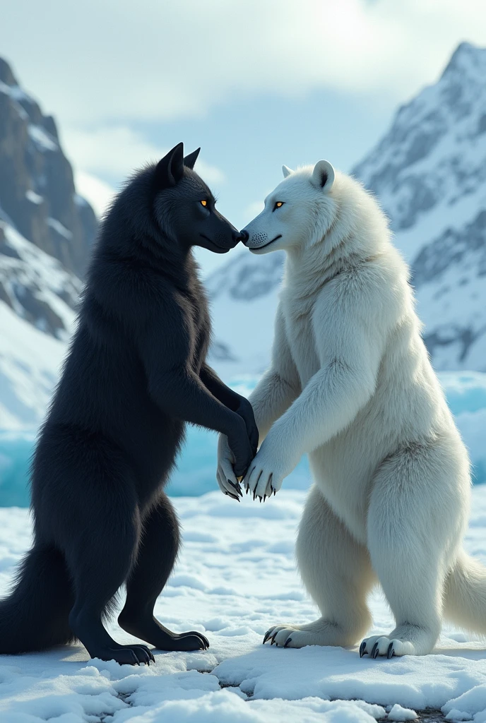 A couple formed by a black wolf and a white polar bear 