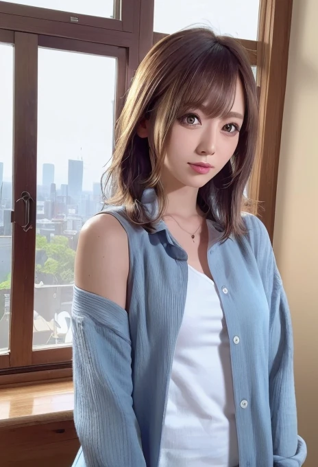 (best quality, 4K, 8k, highres, masterpiece:1.2), ultra-detailed, (realistic, photorealistic, photo-realistic:1.37), hyper detailed, extremely detailed, intricate details, sharp focus, physically-based rendering, professional, vivid colors, studio lighting、Japanese High  Girl、Natural Makeup、(Hair Color:Random)、middlehair、Inward curl、White shirt、Open shirt、sideboob、under boob