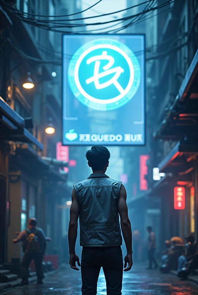 far camera shot, Asian male character stands in front of a square hologram logo with the words "UrBox", waiting for a sign of connection. Outfit: Silver tech vest, glasses. Setting: Narrow space, street full of robots and wires. Lighting: Cold blue and purple light fills the space. Effects: Large screen glows with a slight glitch effect. Special: Feeling of tension, waiting for change.