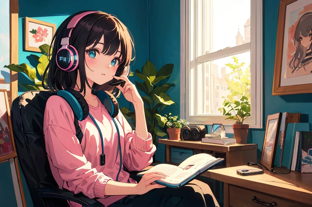 painting of a woman sitting in a chair with headphones on, lofi girl, lofi girl aesthetic, lofi art, lofi portrait, lo-fi art, lofi artstyle, lofi feel, lofi vibes, listening to music, with headphones, cozy aesthetic, lo fi, lo-fi illustration style, lofi, lo - fi