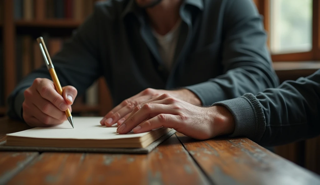 Male hand touching wooden table in university