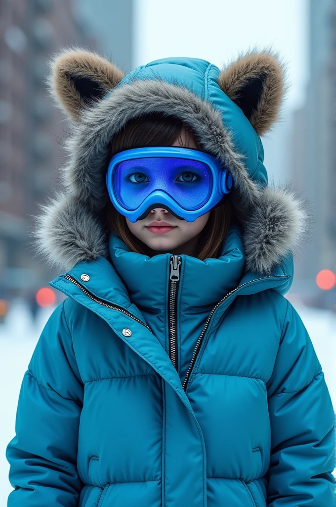 ager wearing a coat with furry dog ears on the cap and a Sub-Zero-shaped mask with neon blue and light blue color palettes