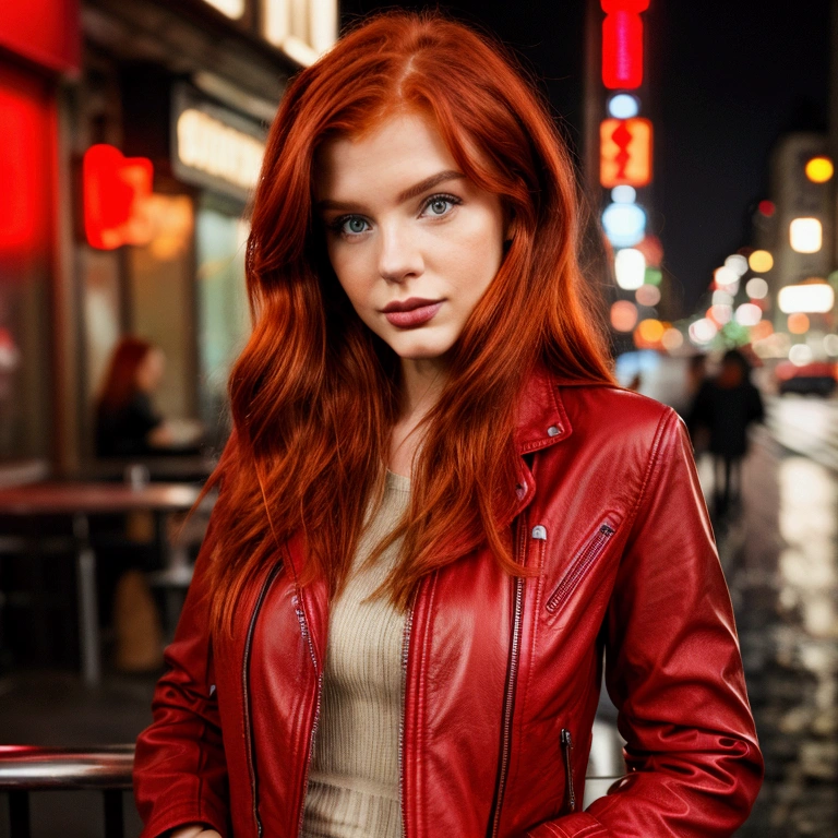 redhead woman wearing a red leather jacket on a rainy night in new york city