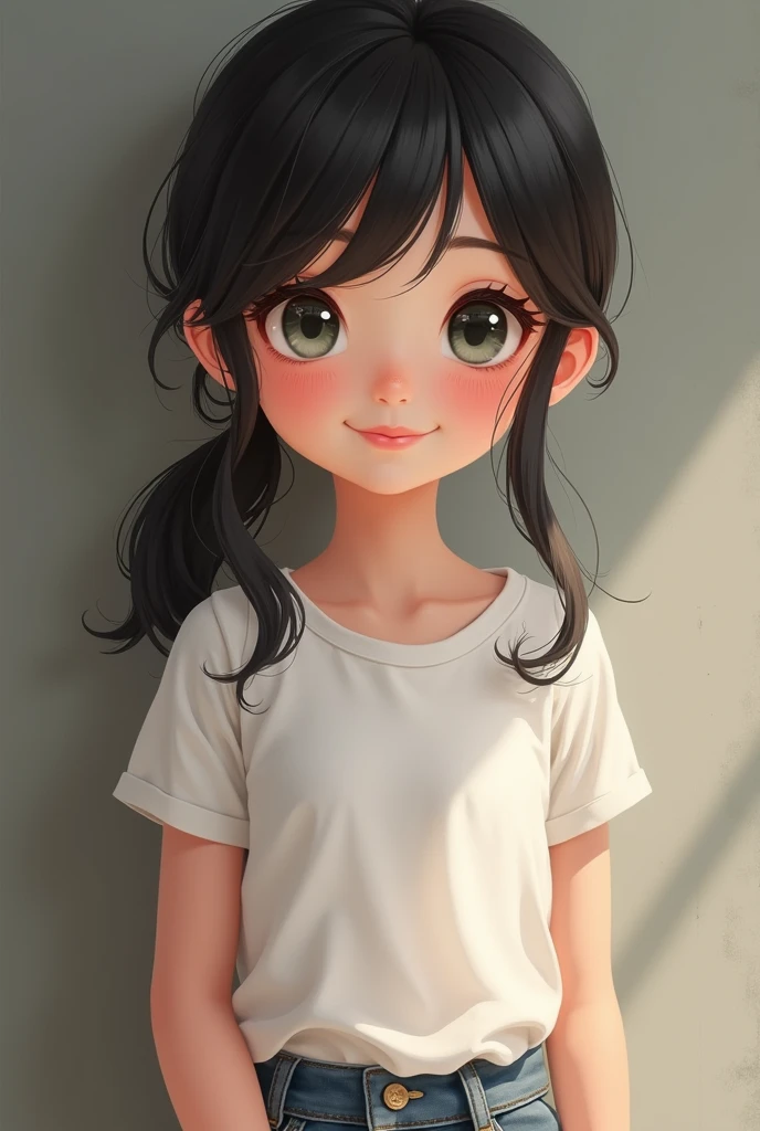 1girl, cute girl, (tareme, short-eyes:1.5), (oval face, drooping-eyes:1.4), grey-green eyes, eye highlights, blush, smiling, thin fine eyebrows, flat hair, no bangs, forehead, center-parted-forehead, side swept to back, low-ponytail, medium hair, black-hair,   BREAK  petit body, dim body, (looks soft body), narrow shoulders, [chubby], normal breast, WHITE T-SHIRT, DENIM HOT PANTS, masterpiece, best quality, portrait, soft lines, perfect anatomy, perfect body, perfect hands, perfect face, cowboy shot portrait, 