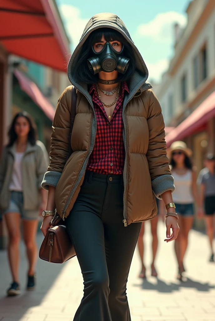 Full body misterious completely hidden face and mouth by anti-gas mask with hose covering head, mouth and nose, white skin latin woman, 5'7" tall, medium lush black hair, deep green eyes, wearing zip up brown quilted down nylon jacket with golden buttons, closed zipped up gray hoodie jacket under nylon jacket, black bell bottom pants, rolled up sleeves, zipping up jacket, up collar, cleavage, red and black plaid formal button down blouse under hoodie jacket, happy smile, walking on shopping center, high hill sandals, summer sunny day, bag, watch and bracelet, neck chain, ear rings