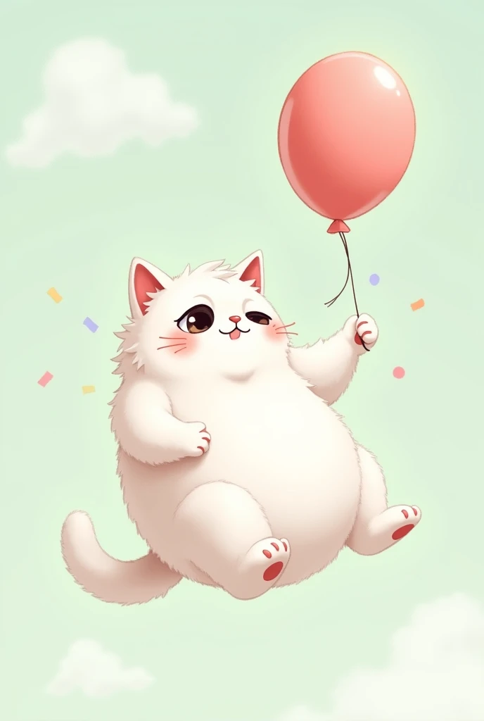 Cat in illustration、Relaxed face、I'm a little overweight、Droopy eyes、black eye、White hair、Floating with a balloon in one hand