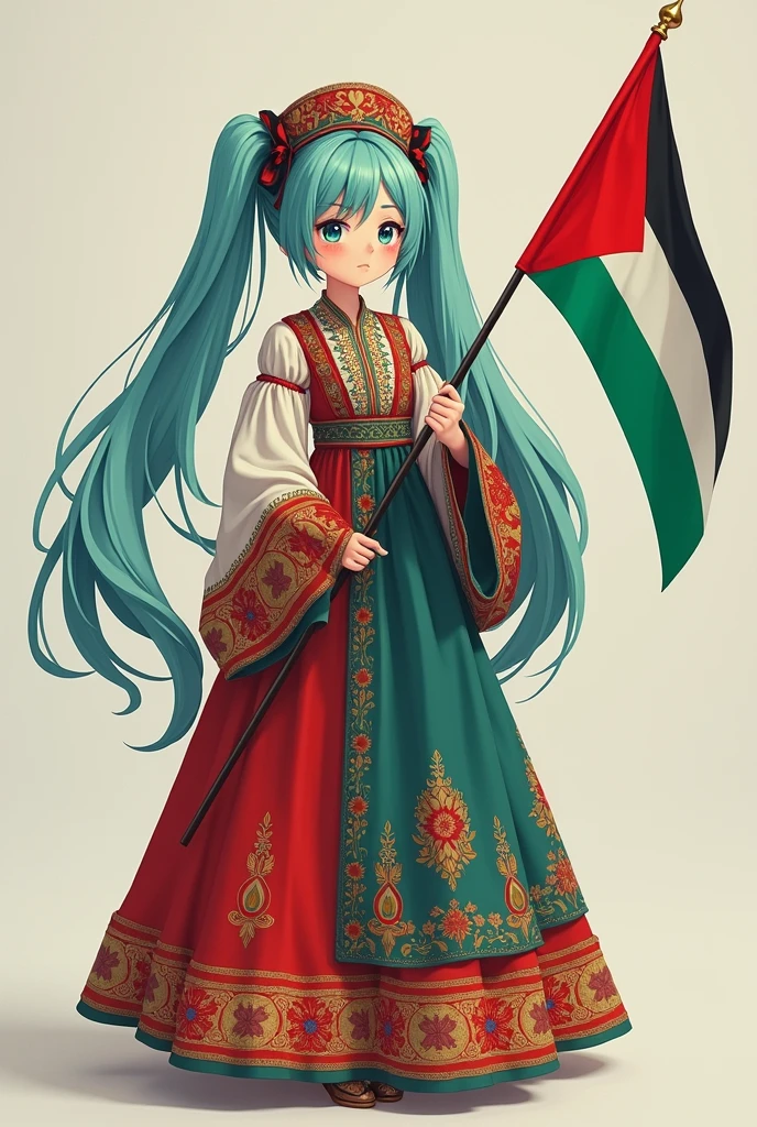 Hatsune Miku wearing traditional Russian clothing while holding a Palestinian flag in her hand.




