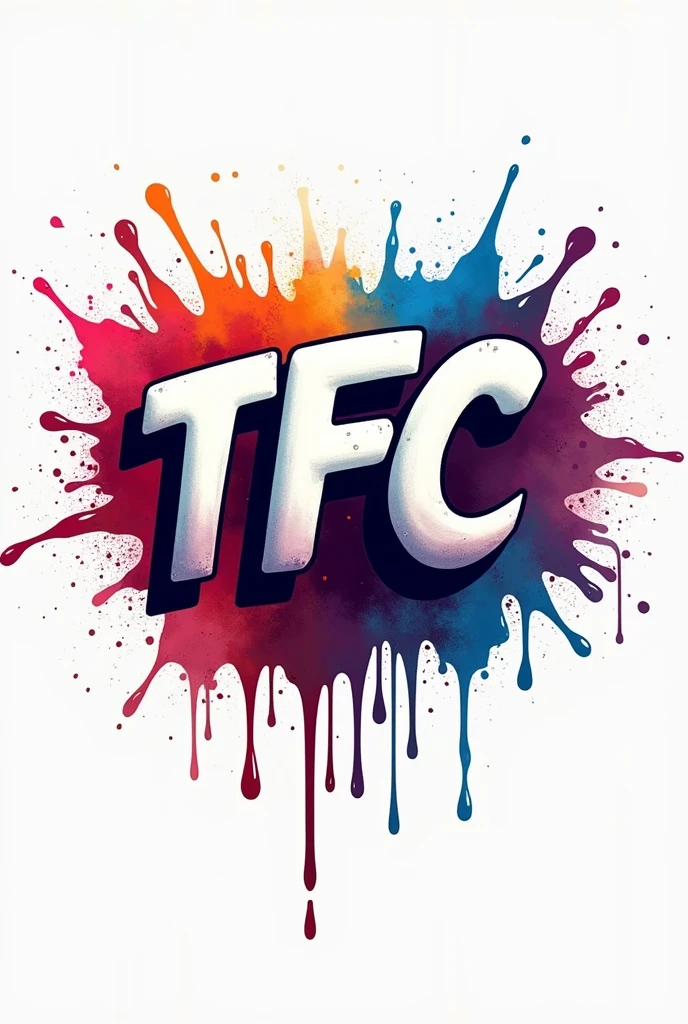 Logo with the letters TFC with round graffiti-like letters with dripping paint exploding into colorful smoke ink 
