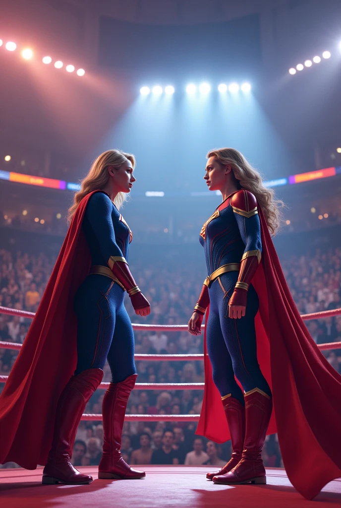 The Grand Arena
Prompt: "A grand boxing arena packed with excited fans. In the center, Supergirl and Captain Marvel stand in the ring, ready to fight. Supergirl is in her blue and red suit with an 'S' emblem, while Captain Marvel is in her red, blue, and gold costume. The arena is brightly lit with colorful lights, and the crowd's anticipation is palpable."