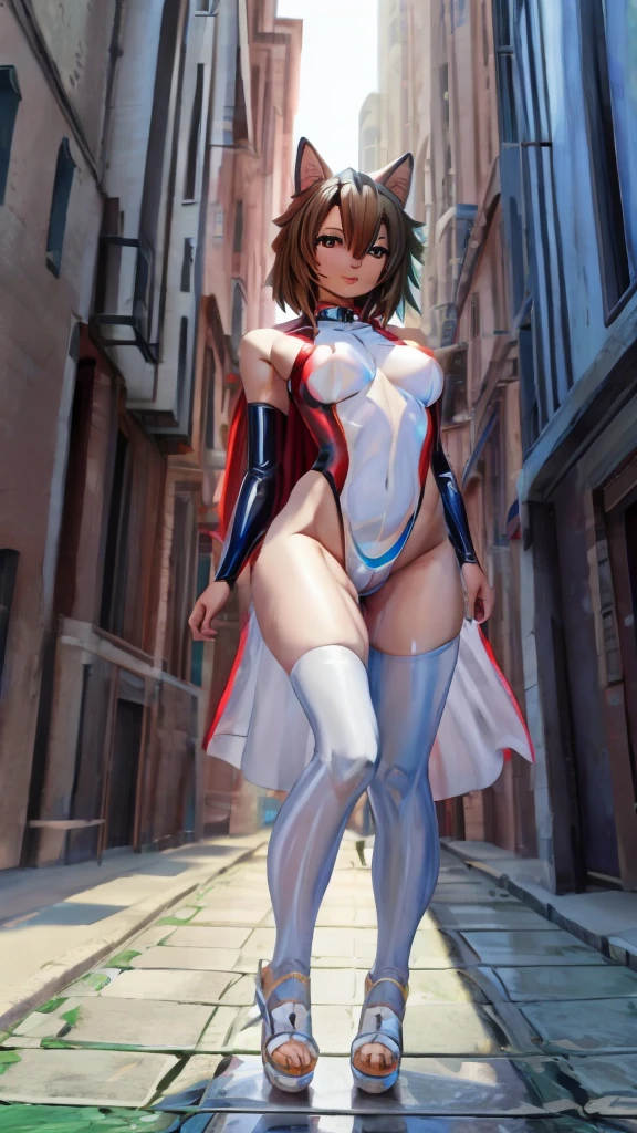 Super hero, using white latex/red and semi-transparent (fully body), medium breasts, defined butt, defined legs, sensual and provocative, looks seductive, in the middle of the city, anime styling, best qualityer, High definition, work of art
