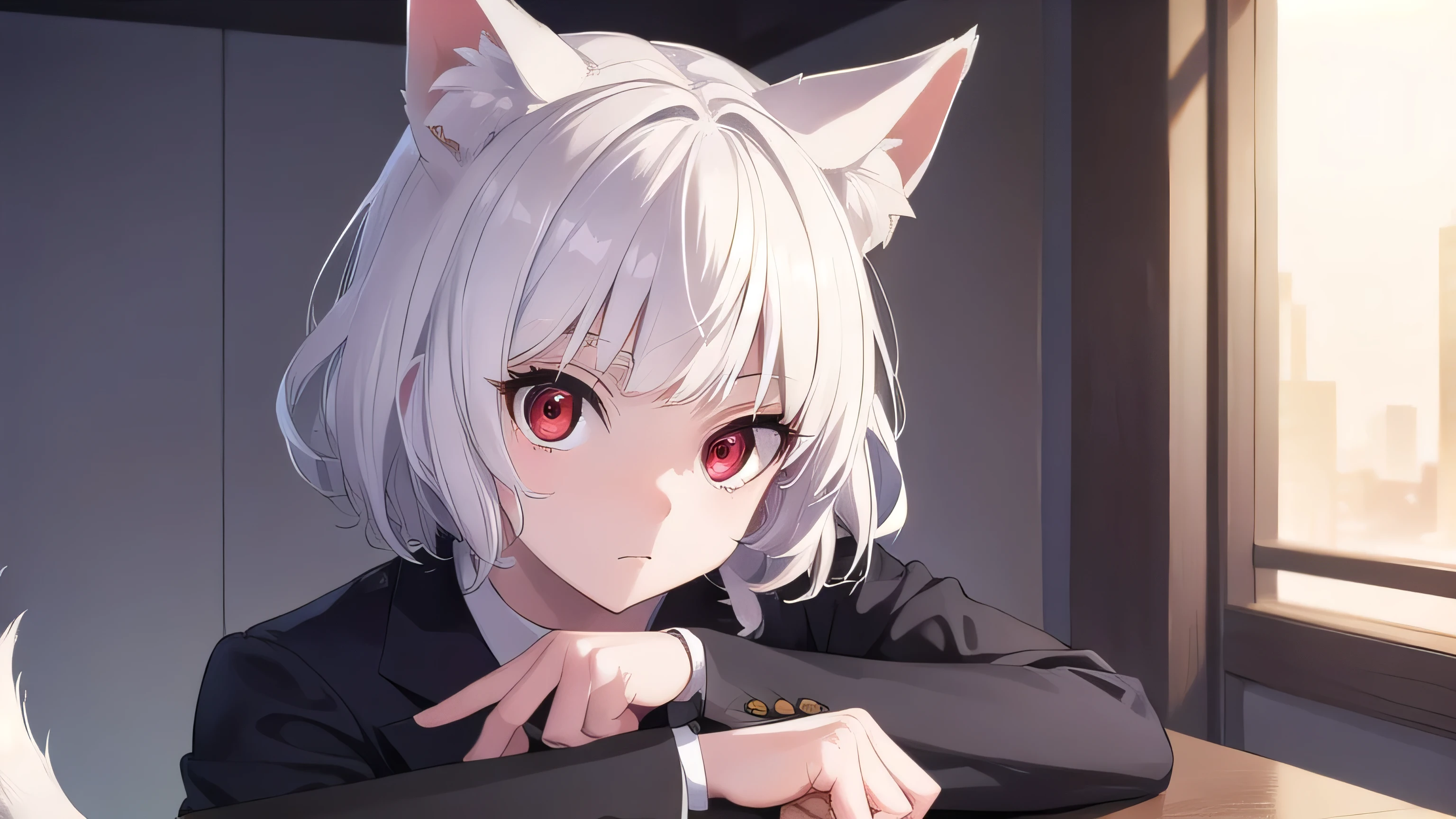 neferpitou, short hair, (red eyes:1.5), suit, animal ears, white hair, shorts, cat ears, cat tail, curly hair, BREAK looking at viewer, BREAK outside, BREAK (masterpiece:1.2), best quality, high resolution, unity 8k wallpaper, (illustration:0.8), (beautiful detailed eyes:1.6), extremely detailed face, perfect lighting, extremely detailed CG, (perfect hands, perfect anatomy)