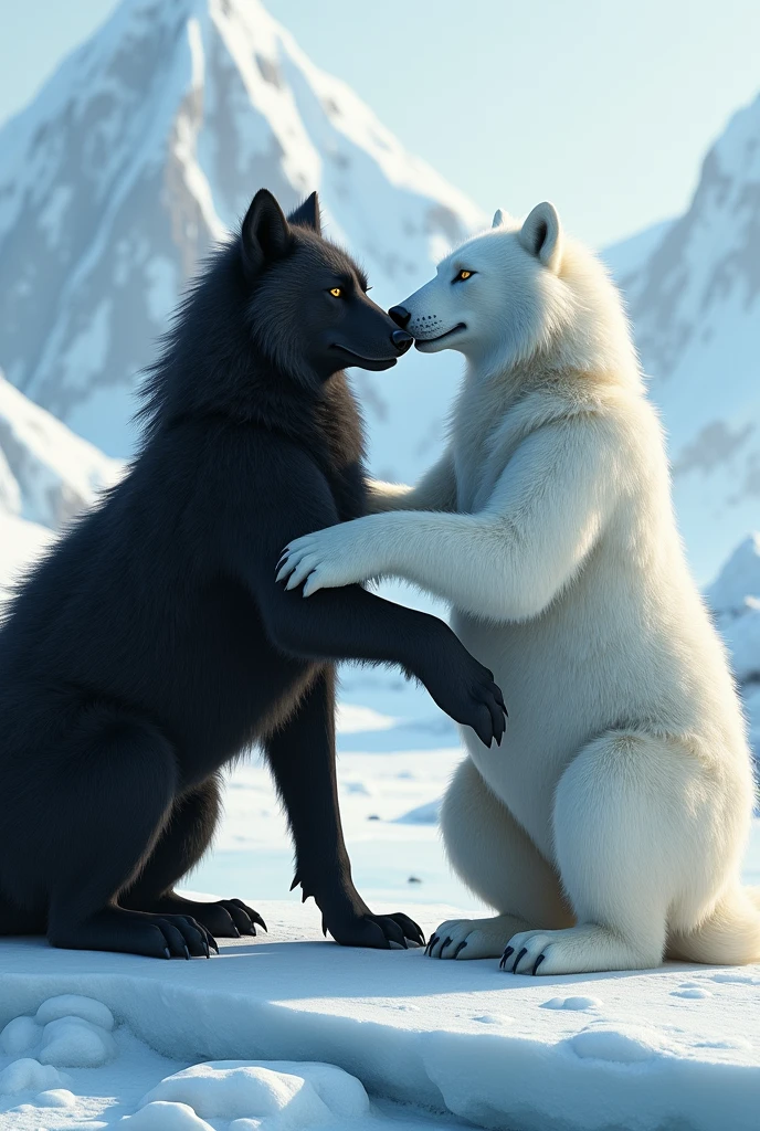 A couple formed by a black wolf and a white polar bear