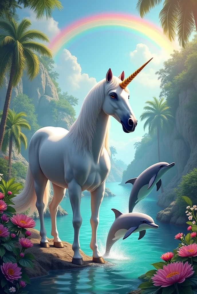 Unicorn with 2 dolphins and a rainbow in a colorful paradise