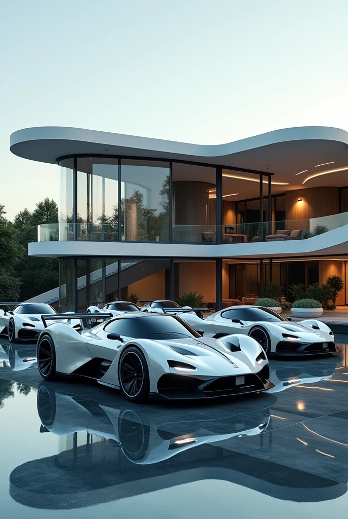 Futuristic supercars in front of futuristic mansion 