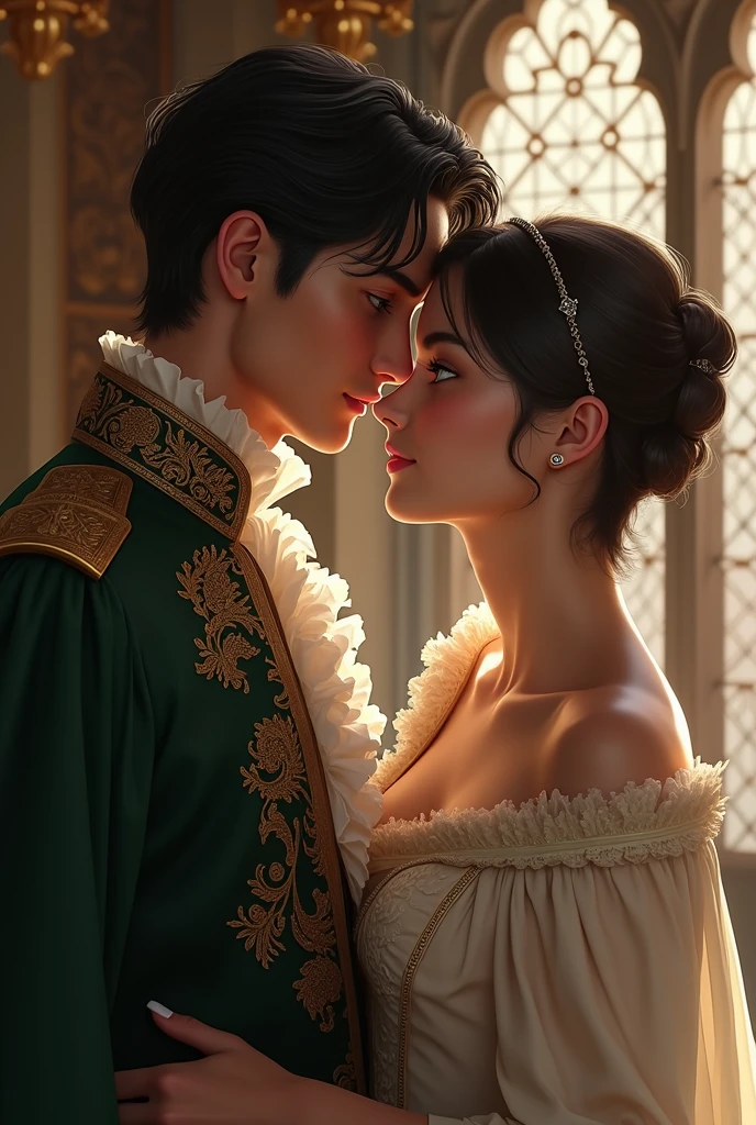 A gay couple, where one of them is an Italian prince who has dark hair and green eyes and the other is a boy with Korean features.