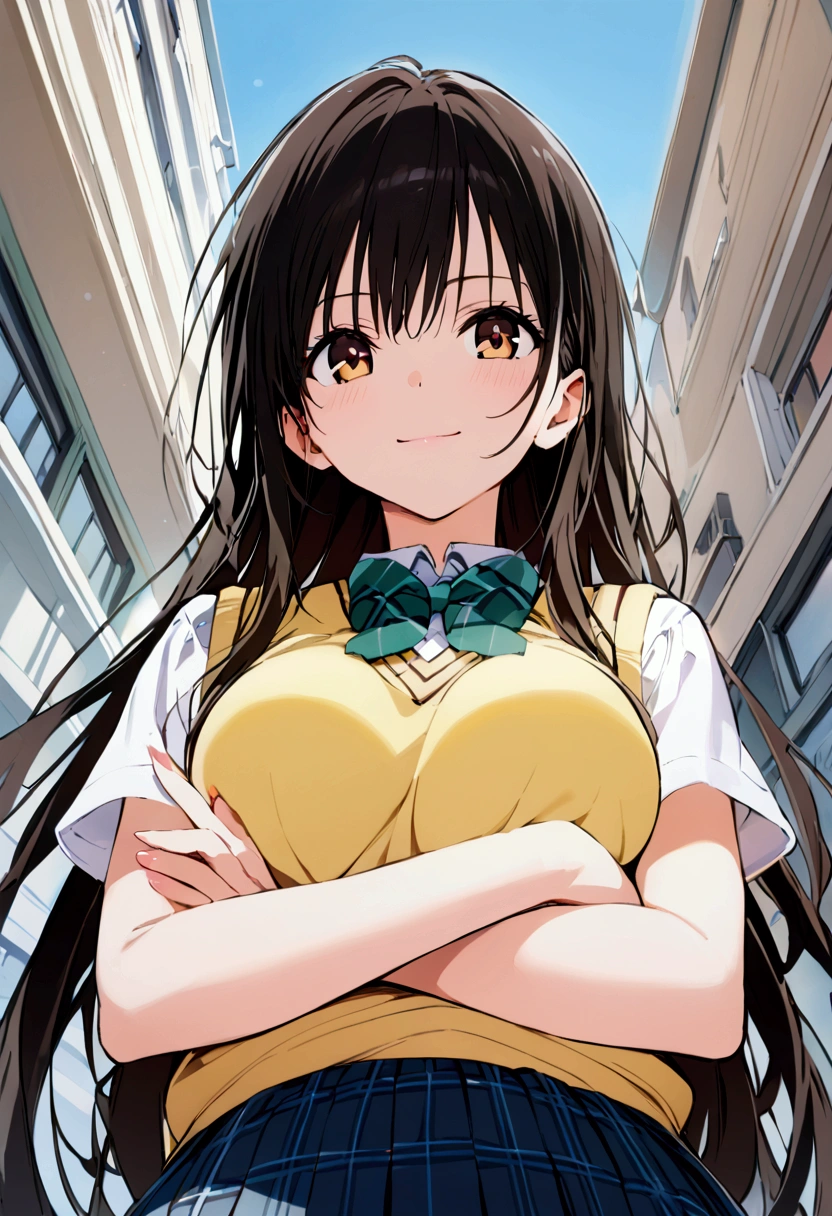 kotegawa yui, brown eyes, black hair, long hair,large , school uniform, skirt, sweater vest, looking at viewer, light smile, upper body, 
masterpiece, best quality, very aesthetic, absurdres, straight-on, crossed arms,from below,
