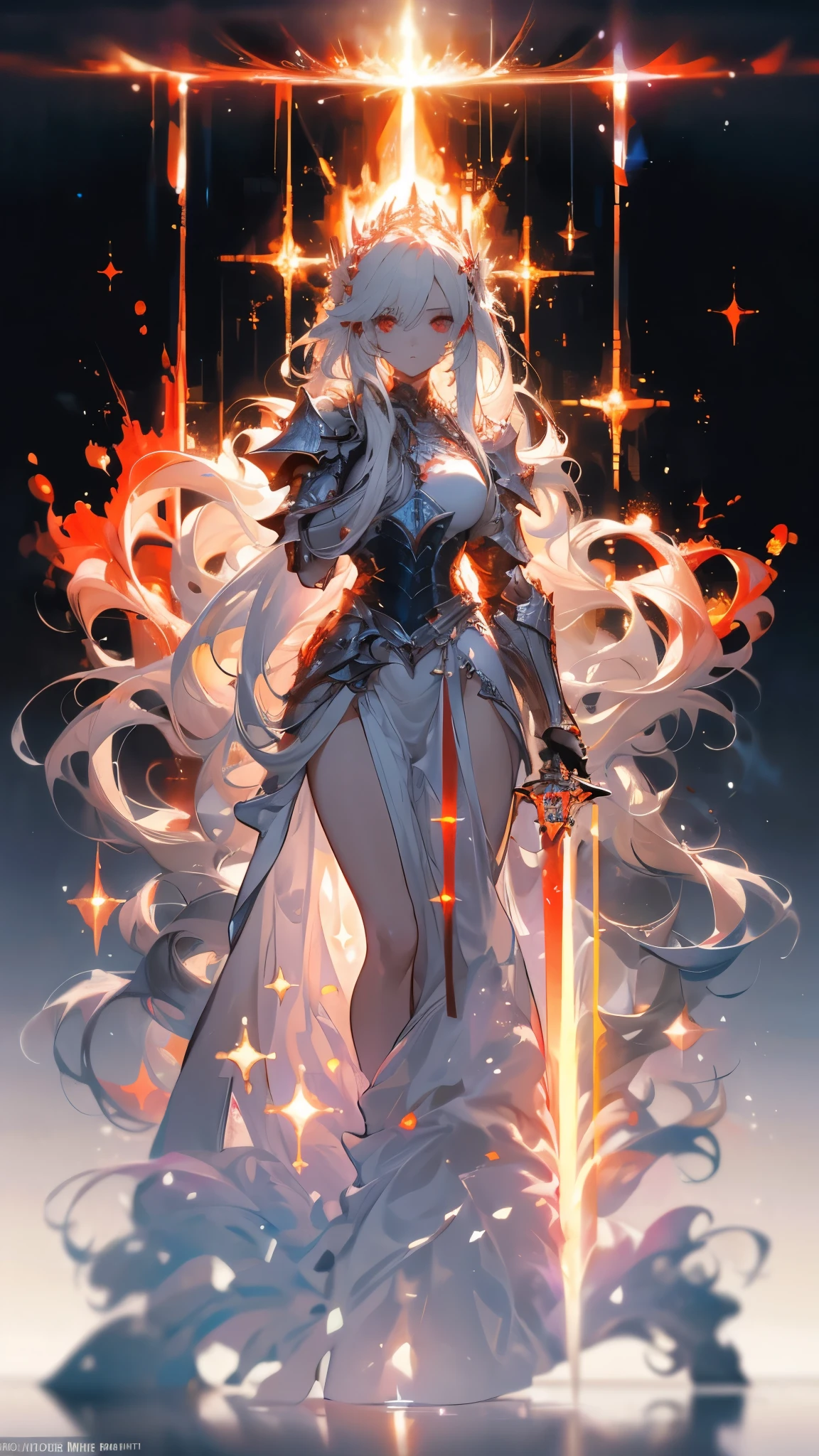 ((masterpiece, best quality)), Epic battlefield atmosphere，flame，Delicate face，Depicts a beautiful knight with long hair, Flowing white hair，whole body，Standing picture，Glittering red eyes，She was wearing white armor，Perfect body proportions