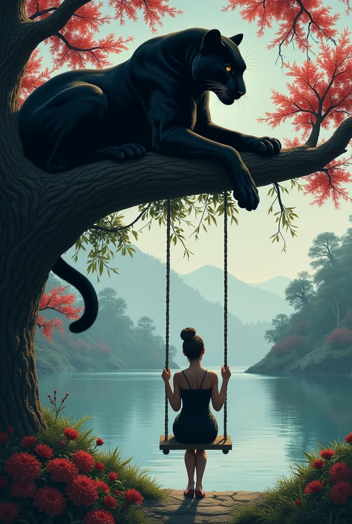 A black panther lying at the top of the photo with a black background and at the bottom with a woman in the background sitting on a swing with the coast around a tree and a lake with reddish traces of spring in the coast for the image. 