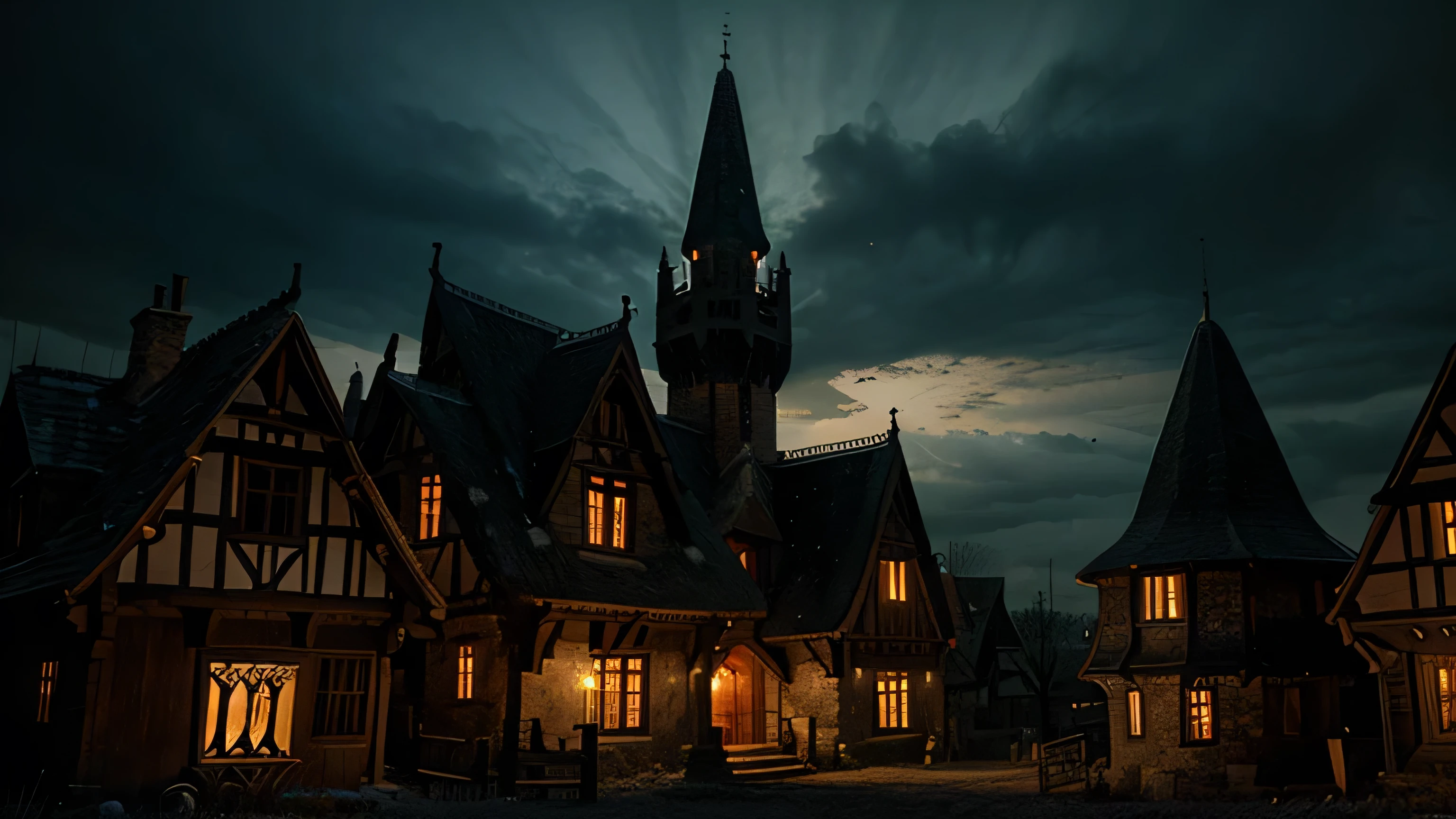 Medieval fantasy village gothic architecture, cloudy weather at night, with fire lamps in the houses