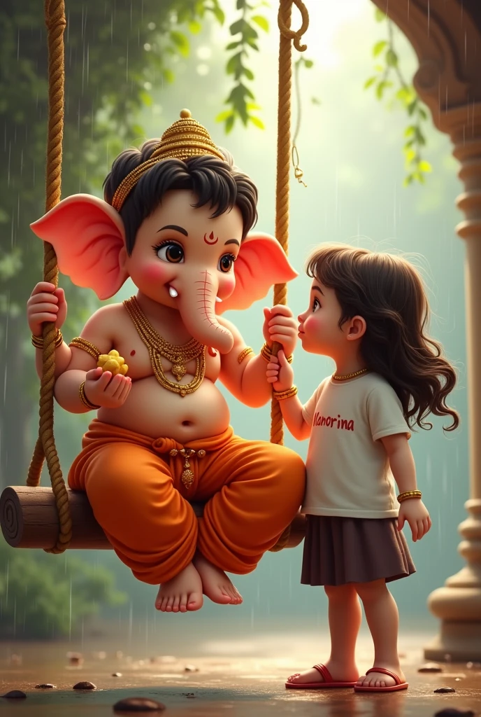"A beautiful scene featuring Lord Ganesha sitting on a swing, depicted in a childlike form. He is holding a modak in one hand, adorned in traditional golden jewelry and an orange dhoti. Beside him stands a small Girl with Hipi brown hair, wearing a white T-shirt with the Name 'MANORMA' printed on it and dark Skirts. The boy gazes up at Lord Ganesha with curiosity and affection. The background shows a serene temple setting, with gentle rain falling, adding to the peaceful and heartwarming atmosphere."