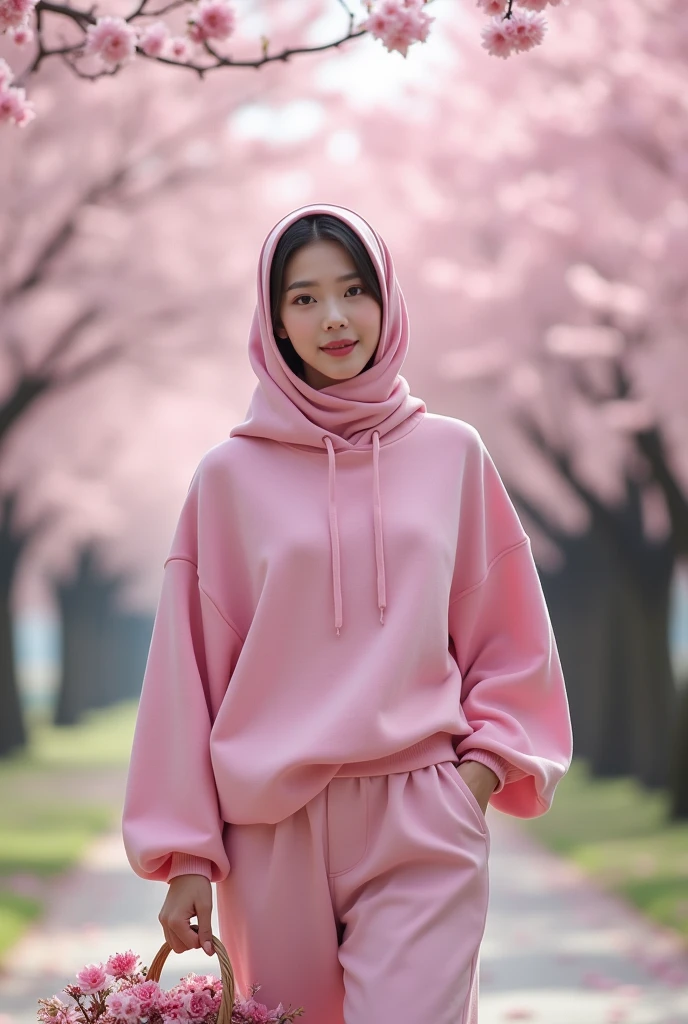 The view is simply amazing,under the flowers, sakura, the beautiful one, a beautiful korean woman, smooth white skin, well-groomed face, wearing pink hijab, wearing a pink balloon sleeve hoodie, trousers, kargo pink, while holding a flower basket containing cherry blossoms, walking gracefully,Woodland,looking in front of the camera under the blooming cherry blossoms.some flowers fall, left and right of the road are cherry blossom trees in full bloom,and beautiful. The cherry blossom tree looks realistic in the photo. Cherry blossom tree background,Realistic original photo.