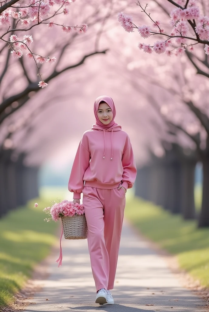 The view is simply amazing,under the flowers, sakura, the beautiful one, a beautiful korean woman, smooth white skin, well-groomed face, wearing pink hijab, wearing a pink balloon sleeve hoodie, trousers, kargo pink, while holding a flower basket containing cherry blossoms, walking gracefully,Woodland,looking in front of the camera under the blooming cherry blossoms.some flowers fall, left and right of the road are cherry blossom trees in full bloom,and beautiful. The cherry blossom tree looks realistic in the photo. Cherry blossom tree background,Realistic original photo.