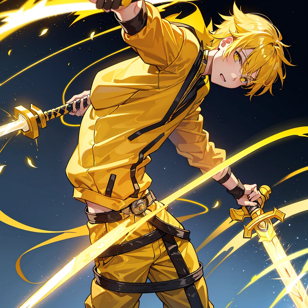 boy with a yellow electric aura with yellow hair, golden lightning sword, golden eyes, and an outfit that looks like one from naruto with a hint gold.