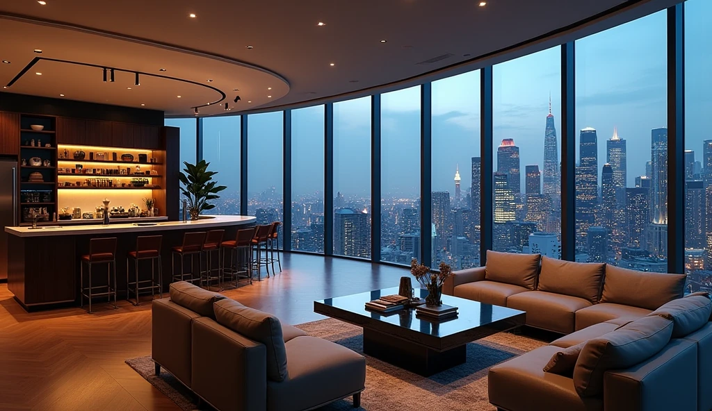 Penthouse with Panoramic City View. A big one, Unobstructed large floor-to-ceiling windows with night view,This apartment is very exquisite, Industrial and modern design. Your room is spacious, There is a large coffee bar,Making coffee. Despite the elegant space, There are also personal elements such as travel photos, There were books on the table