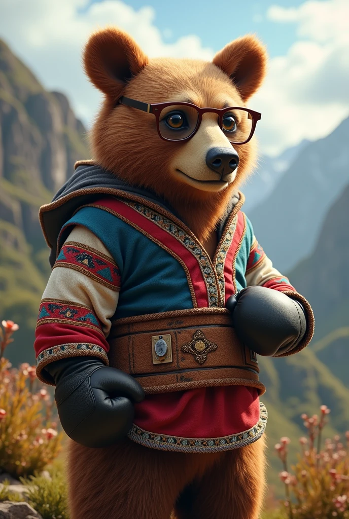 spectacled bear, tender, elegant, beautiful, with typical clothing from the Andean area and something in her wardrobe that characterizes her as a boxer and in black