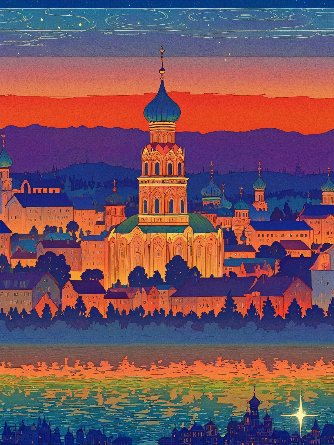 Close-up of a poster，Buildings in the background, A starlit city at sunset, Ivan Bilibin (Ivan Bilibin) of inspiration, Grainy Risograph Matte, Sacred City | illustration, inspired author：Igor Grabar, slav epic, Magical Soviet town, author：Igor Grabar, 受到瓦西里·马克西莫夫of inspiration, Andrei Ryakin (Andrei Ryabushkin) of inspiration