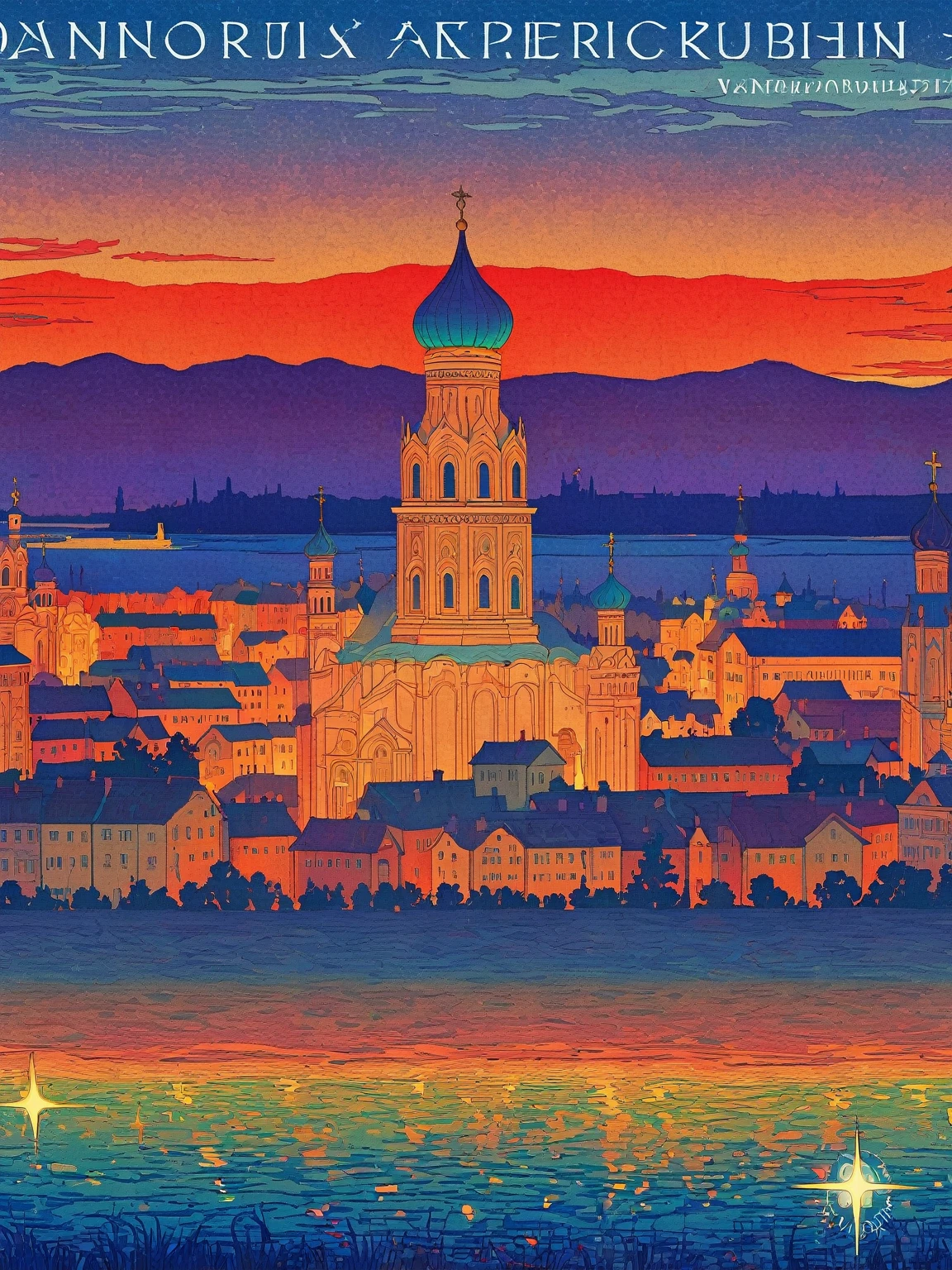 Close-up of a poster，Buildings in the background, A starlit city at sunset, Ivan Bilibin (Ivan Bilibin) of inspiration, Grainy Risograph Matte, Sacred City | illustration, inspired author：Igor Grabar, slav epic, Magical Soviet town, author：Igor Grabar, 受到瓦西里·马克西莫夫of inspiration, Andrei Ryakin (Andrei Ryabushkin) of inspiration