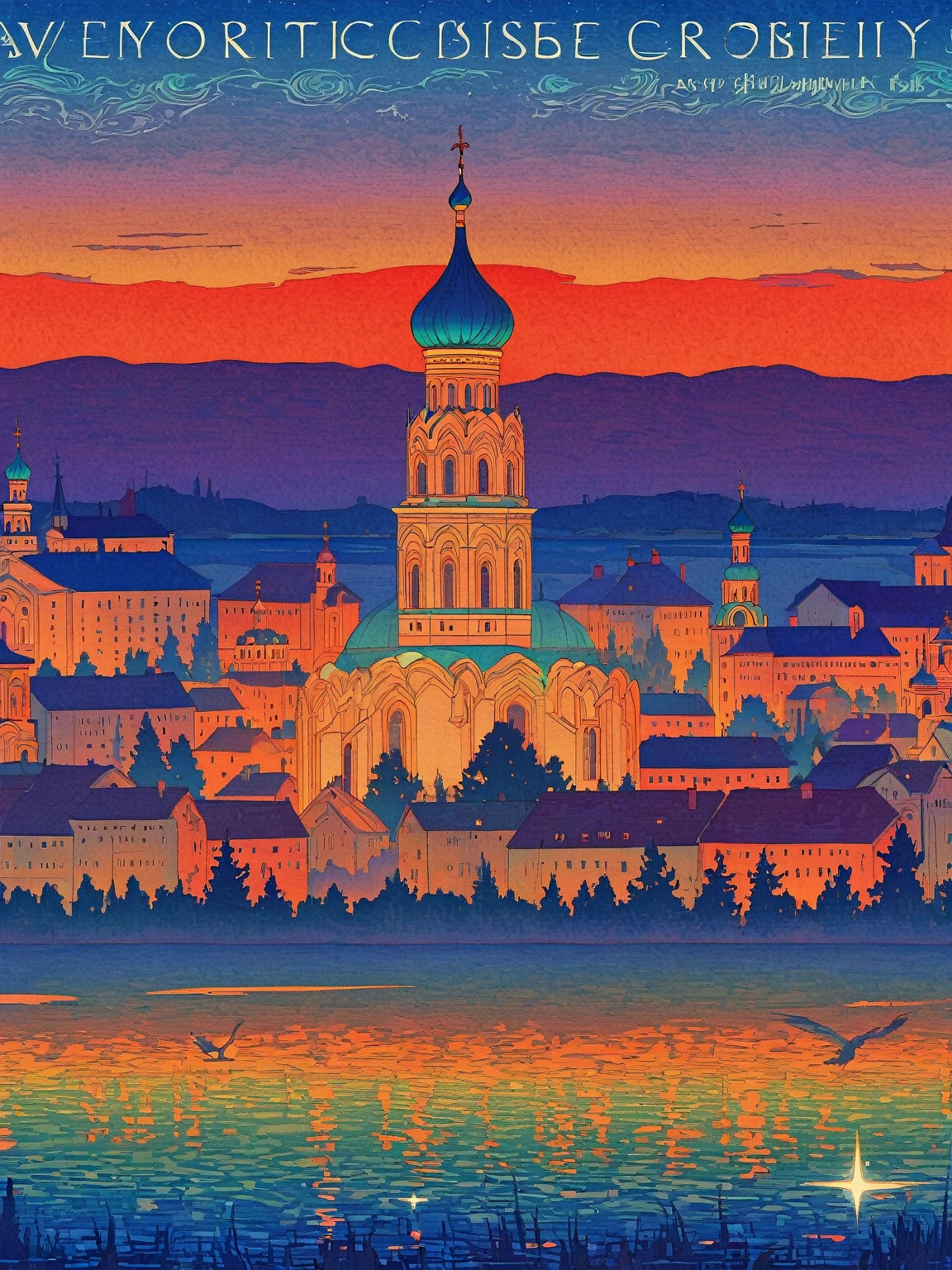 Close-up of a poster，Buildings in the background, A starlit city at sunset, Ivan Bilibin (Ivan Bilibin) of inspiration, Grainy Risograph Matte, Sacred City | illustration, inspired author：Igor Grabar, slav epic, Magical Soviet town, author：Igor Grabar, 受到瓦西里·马克西莫夫of inspiration, Andrei Ryakin (Andrei Ryabushkin) of inspiration