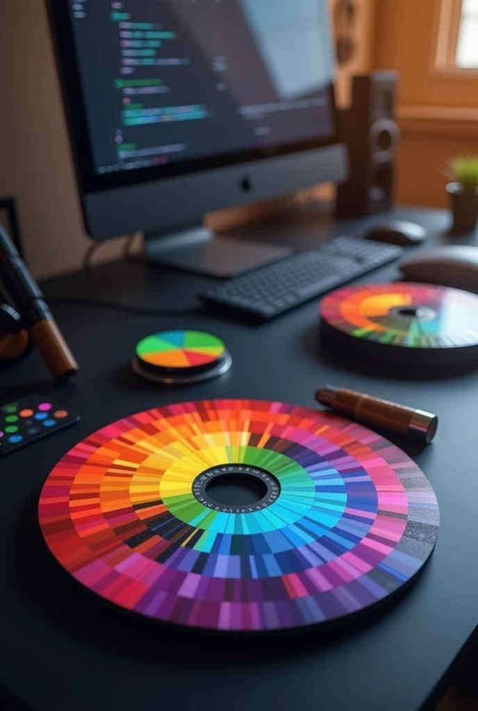 Generate a color wheel photo of color palette on a black minimalist table background , with a computer
