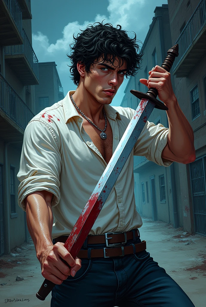 creates a young man who has a blood sword comic book style image with his entire body bruised with a spot of blood on his white shirt the background is Stormy Night in an alley of a city