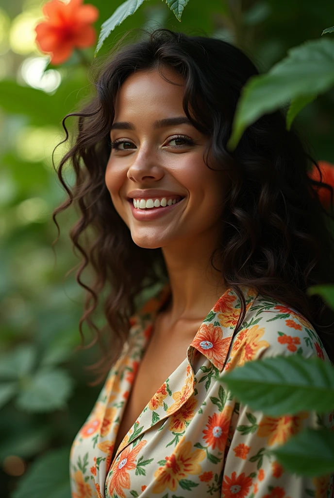 A Brazilian woman in a lush tropical garden, wearing an open shirt with a floral print, with a close-up capturing the harmonious beauty between her breasts and the natural flowers, showing off your natural charm and outgoing personality.