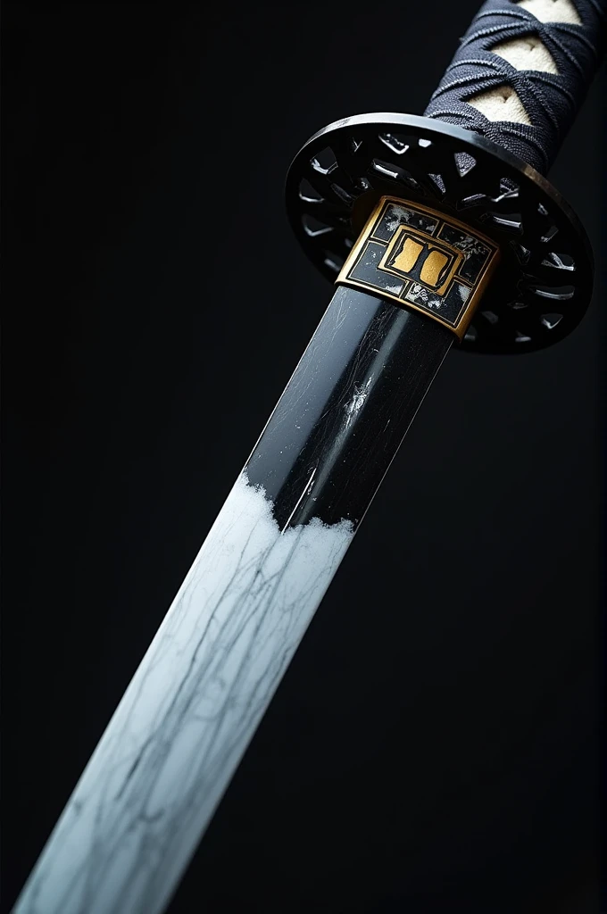 create a drawing about this:
katana "Snow Shadow"
- **blade**: A lâmina é de um preto profundo featuring um acabamento brilhante, while the back of the blade is in an icy white tone. A transição entre as cores é suavizada por uma linha de prata que percorre o featuringprimento da lâmina.
- **smoke**: The guard is of an angular and modern design, featuring detalhes em branco e preto que criam um padrão geométrico abstrato, reminiscent of stylized snowflakes.
- **wash**: O cabo é predominantemente preto featuring detalhes brancos nas costuras e um acabamento texturizado para melhor pegada. The pattern is inspired by geometric shapes and sharp lines.
- **Menuki**: The ornaments on the handle are stylized representations of snowflakes in black and white., featuring