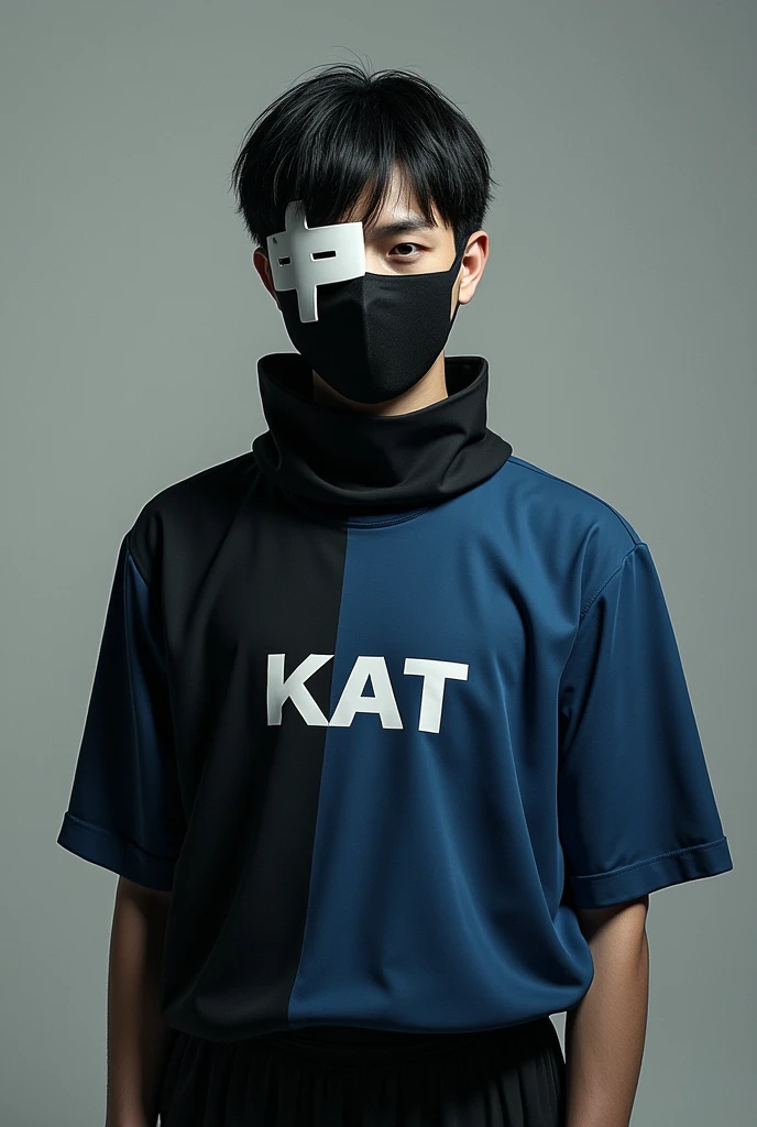 A man wearing a black mask, a white cross mask, a blue short-sleeved shirt, a shirt with the word KAT written on it, black hair., short hair, 