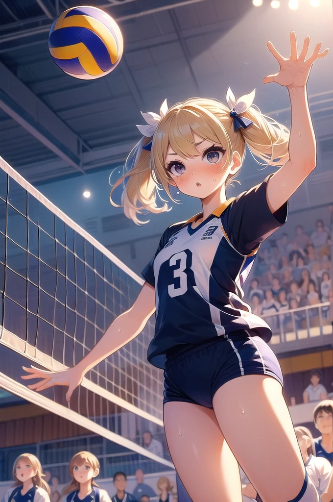 (((masterpiece))), (((Highest quality))), ((volleyball)), (volleyballユニフォーム),  crowd, Stadium, Small breasts, ribbon, Blonde twin tails, Rosy lips, summer, hot, Sweat, shy, blush, Slim figure、Navy Blue Bloomers、