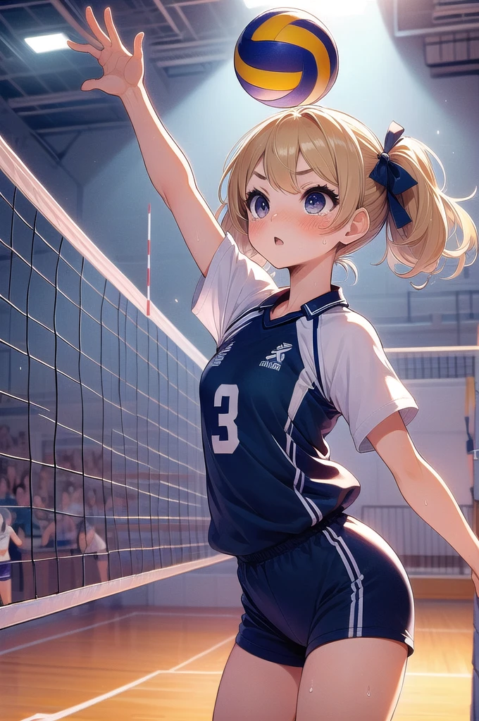 (((masterpiece))), (((Highest quality))), ((volleyball)), (volleyballユニフォーム),  crowd, Stadium, Small breasts, ribbon, Blonde twin tails, Rosy lips, summer, hot, Sweat, shy, blush, Slim figure、Navy Blue Bloomers、